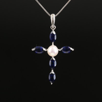 Sterling Sapphire and Pearl Cross Necklace