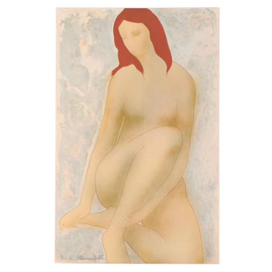 Alain Bonnefoit Color Lithograph of Seated Nude, Late 20th Century