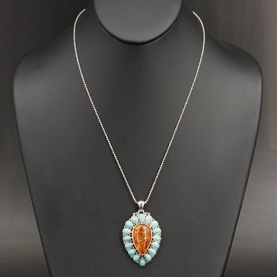 Sterling Turquoise and Amber Pendant Necklace