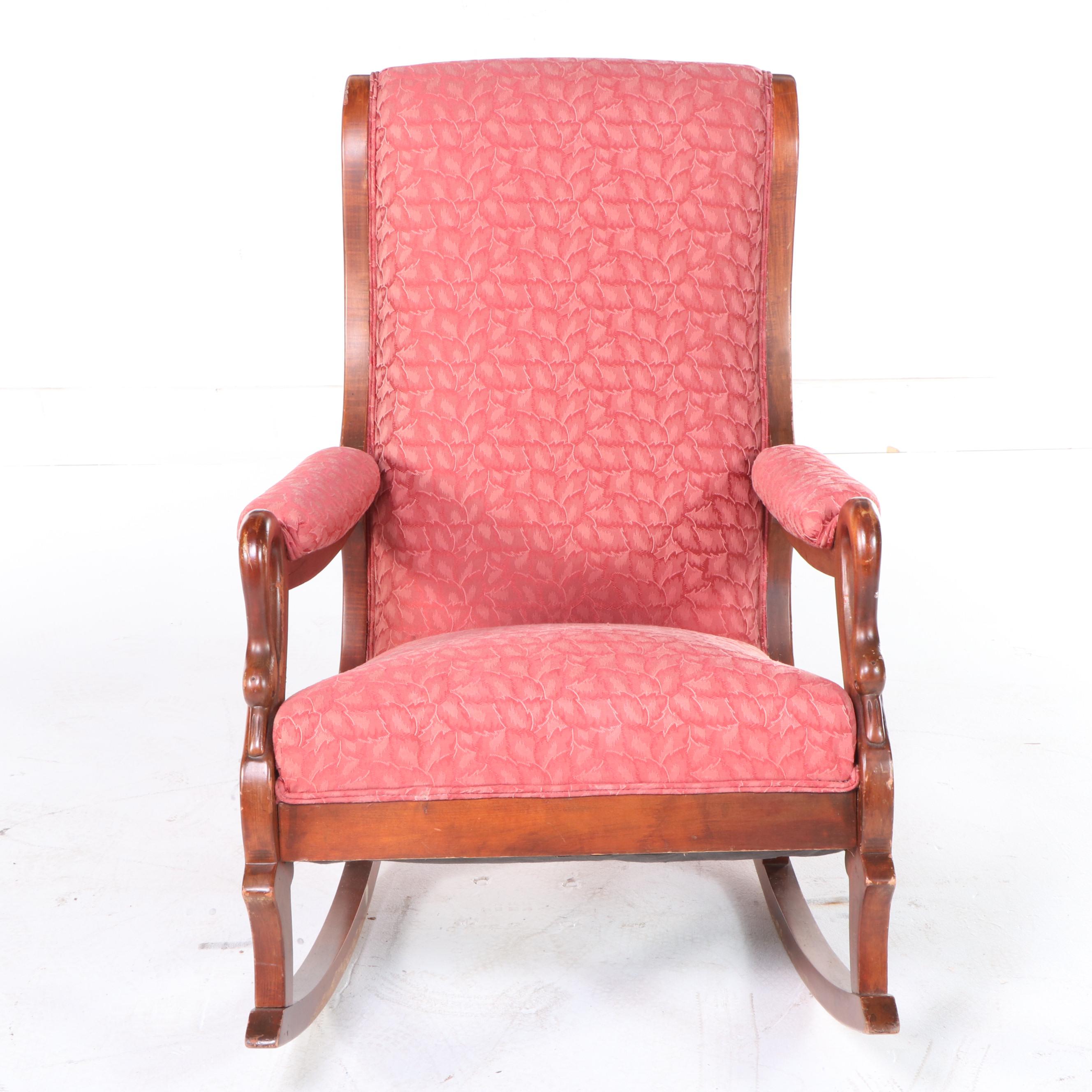 Classical Style MahoganyFinish Upholstered Gooseneck Rocking Chair