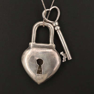 Vintage Sterling Heart Locket and Key Pendant Necklace