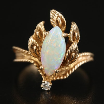 1960s 14K Opal and Diamond Topical Floral Ring