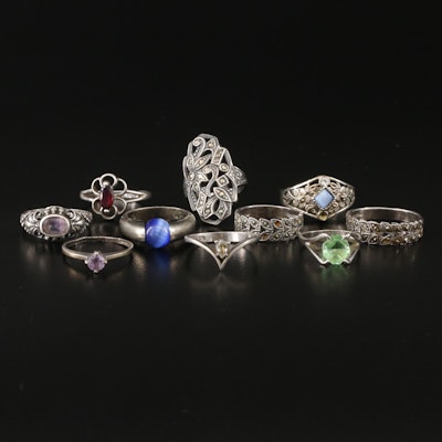 Vintage Sterling Ring Selection Including Glass, Sapphire and Garnet