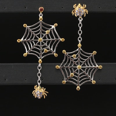 Sterling Sapphire, Diopside and Tanzanite Spiderweb Earrings