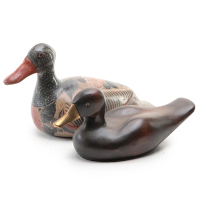Mid Century Modern Wood and Brass and Hand-Painted Tonala Pottery Ducks