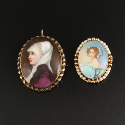 Antique Ceramic Portrait Brooches Including Pearl Frame