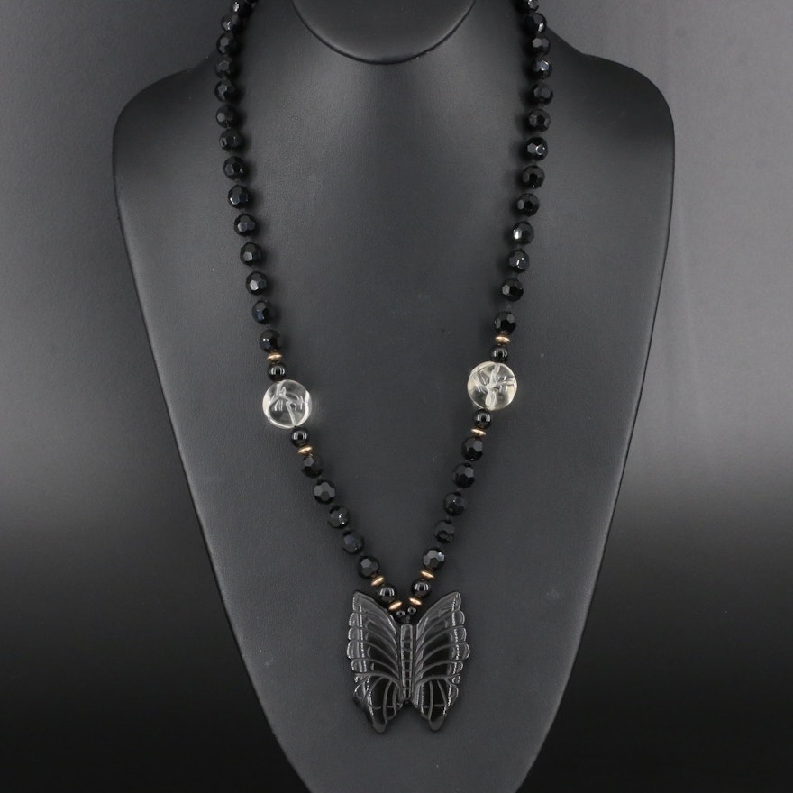 Carved Black Onyx and Rock Crystal Quartz Butterfly Pendant Necklace