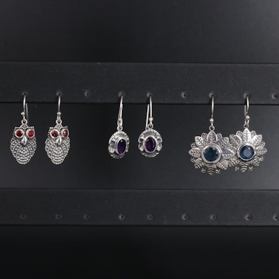 Sterling Silver Earring Collection Including Sapphire and Garnet and Amethyst