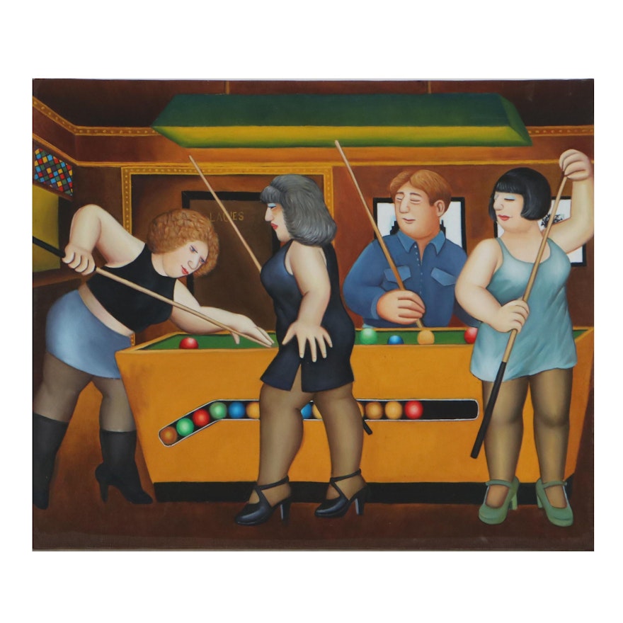 Oil Painting After Beryl Cook "Bar Billiards"