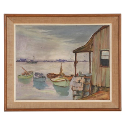 M. Lauk Oil Painting of Harbor Scene, Mid to Late 20th Century