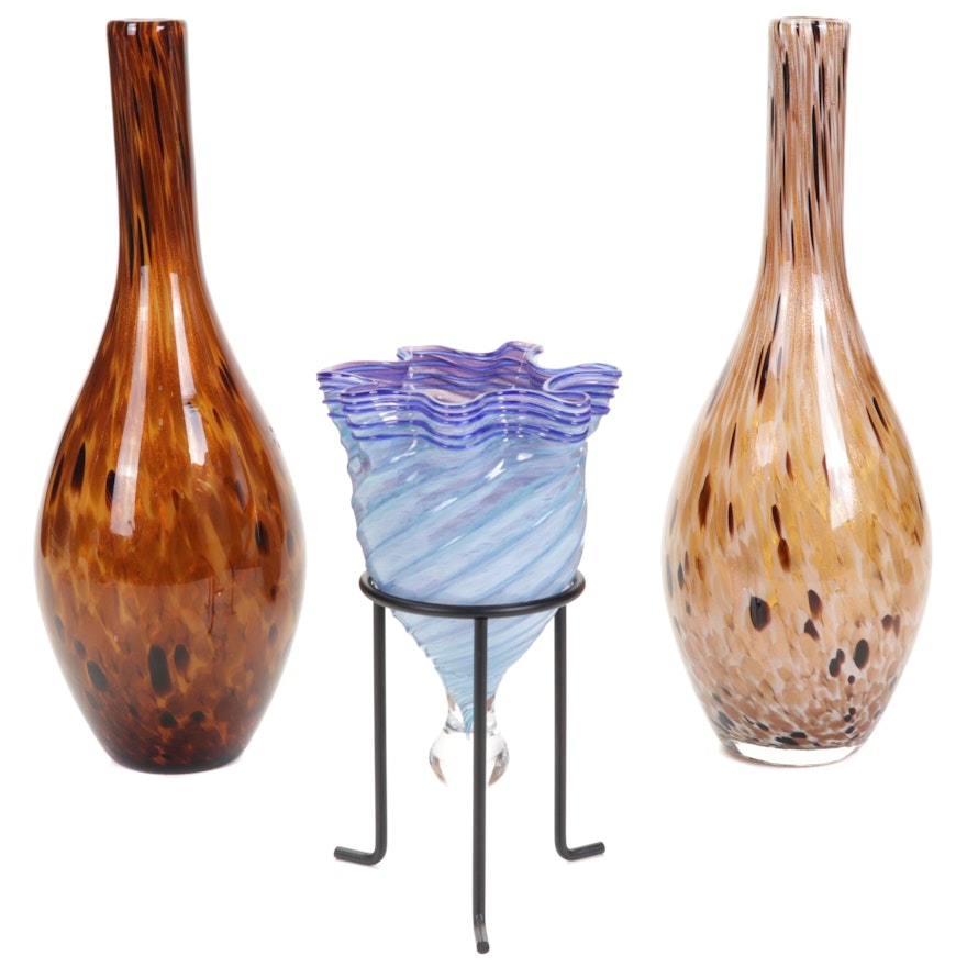 Art Glass Vases and Signed Bowl with Stand