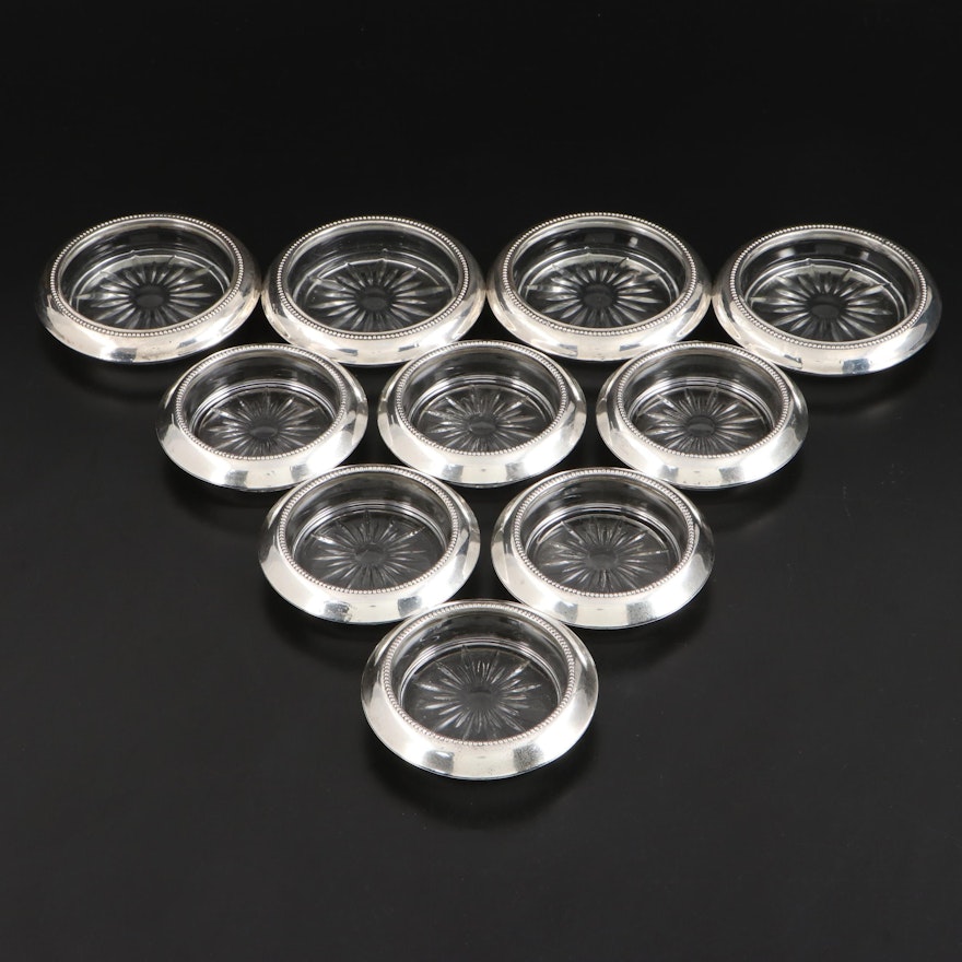 Frank M. Whiting and B-I Sterling Silver Rimmed Glass Coasters, Mid-20th Century