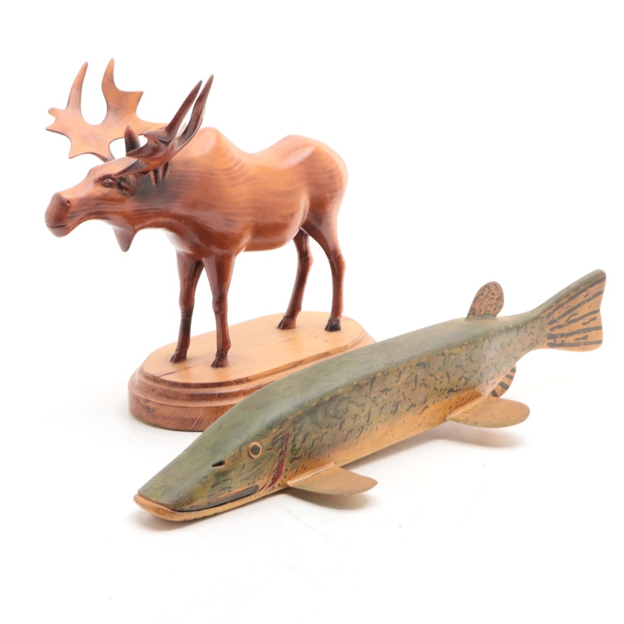 Wooden Northern Pike and Moose Figurines