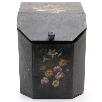 Victorian Hand-Painted Floral Toleware Metal Tea Caddy