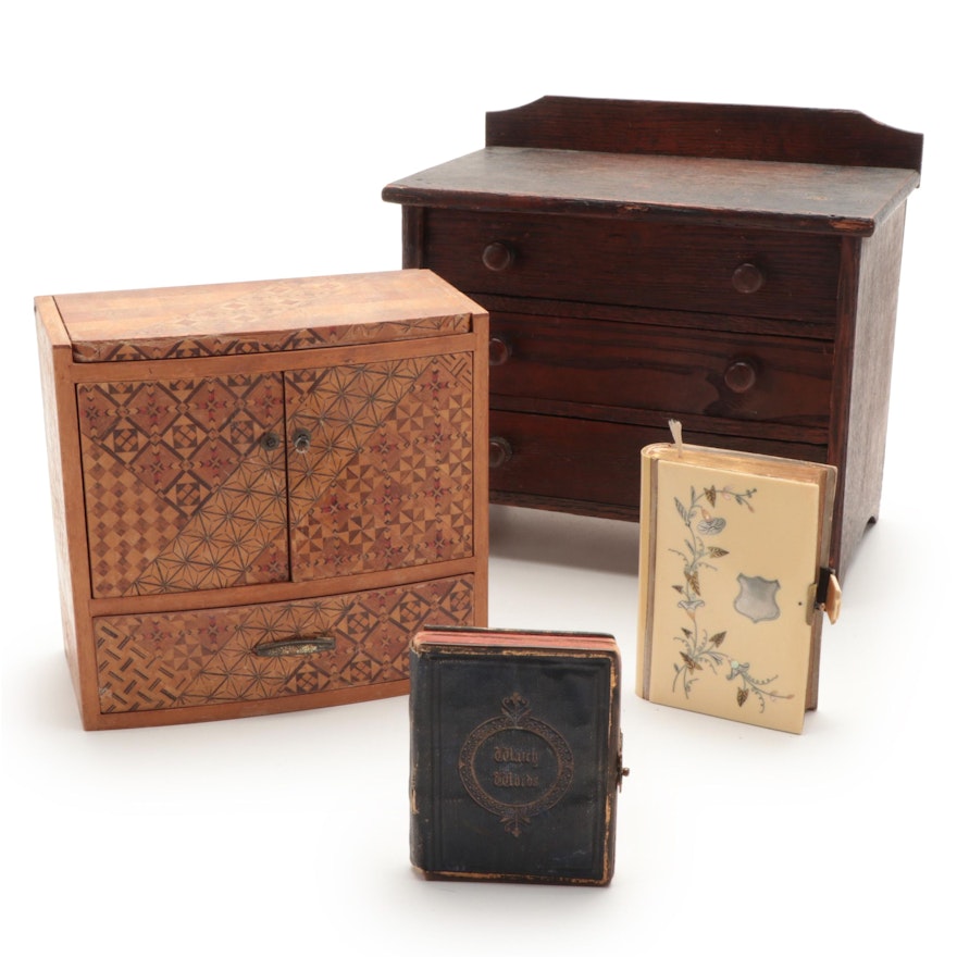 Japanese Marquetry Inlaid Jewelry Box and Other Miniature Chest with Books