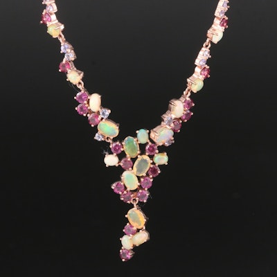 Sterling Opal, Garnet and Tanzanite Drop Necklace