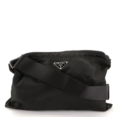 Prada Small Zip Crossbody Bag in Black Nylon Gabardine with Leather Trim