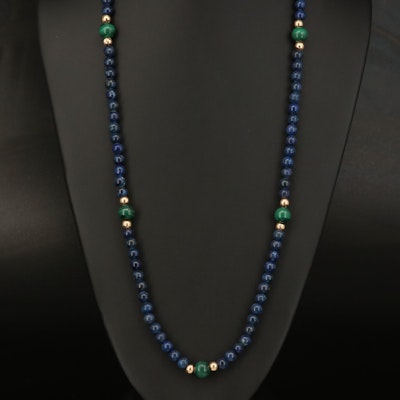 14K Lapis Lazuli and Malachite Beaded Necklace