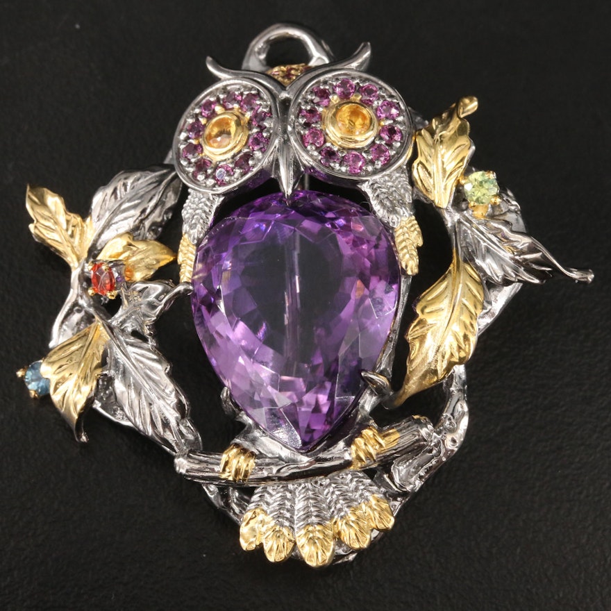 Sterling Amethyst, Sapphire and Garnet Owl Pendant