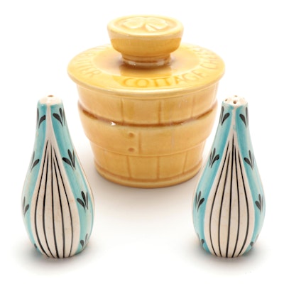 American Pottery Barrel Form Ceramic Cottage Cheese Jar with English Shakers