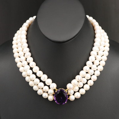 Sterling Pearl and Amethyst Triple Strand Necklace
