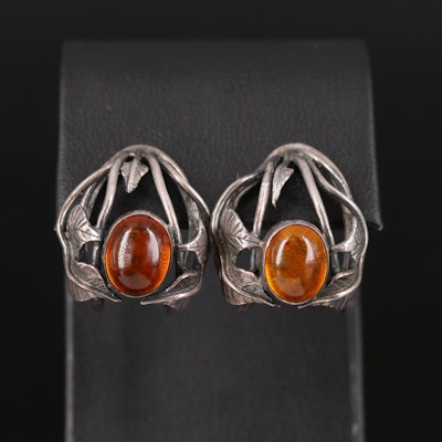 Vintage Polish Sterling and Amber Ivy Drop Earrings