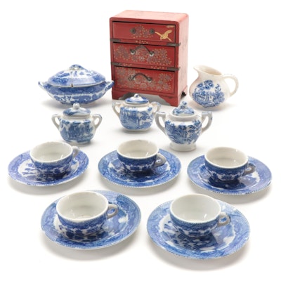 Blue Willow and Other Play Dishes with Japanese Miniature Chest