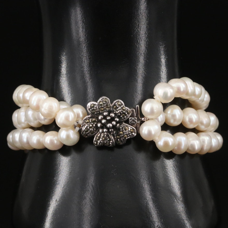 Pearl Triple Stand Bracelet with Sterling Marcasite Flower Clasp