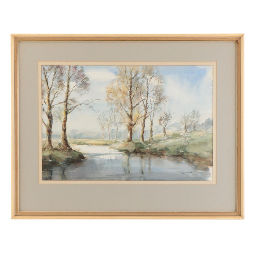 Paul Stafford Landscape Watercolor Painting of Lake, Late 20th Century