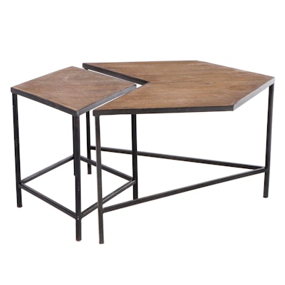 Contemporary Wood and Iron Two-Piece Modular Coffee Table