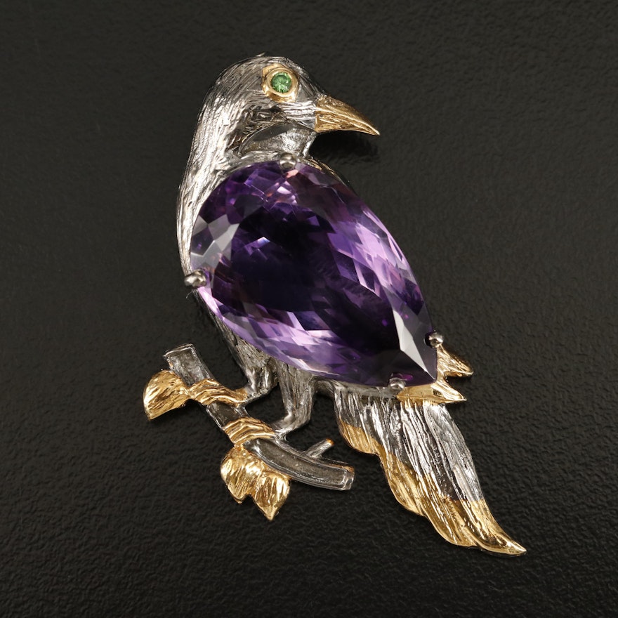 Sterling Amethyst and Diopside Bird Perched on Branch Pendant