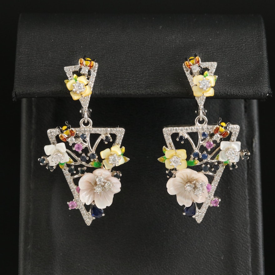 Sterling Flower Bouquet Earrings with Sapphire and Cubic Zirconia