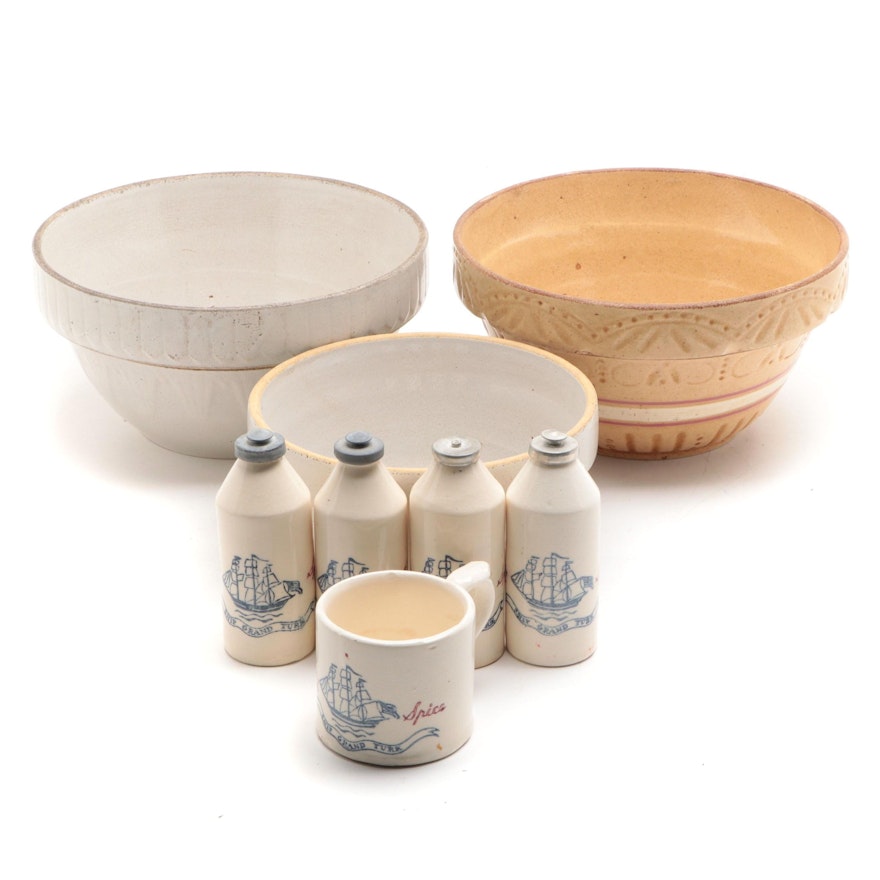 Stoneware Mixing Bowls and Old Spice Shaving Mug and Talcum Bottles