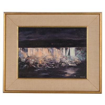 Wood Oil Painting of Nocturne Waterfall Landscape