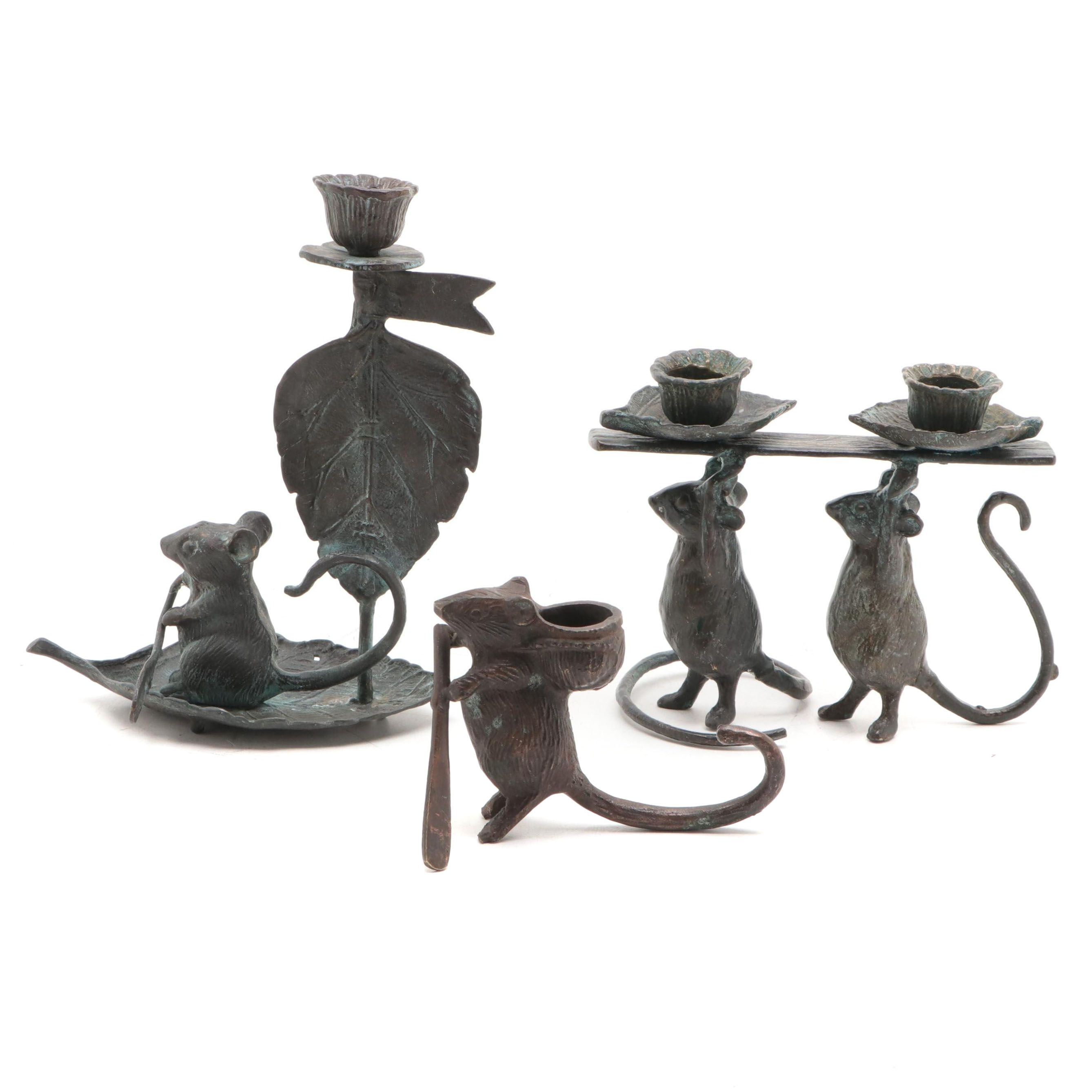 Patinated Metal Figural Mouse Candle Holders EBTH