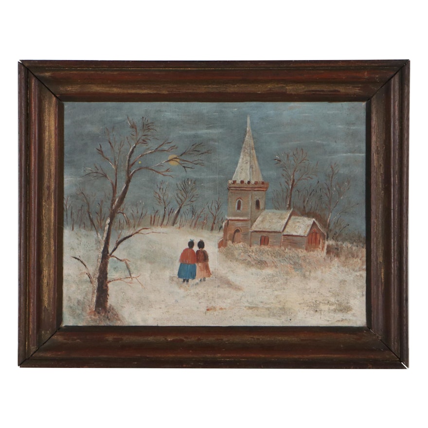 Naive Winter Landscape Oil Painting, Circa 1900
