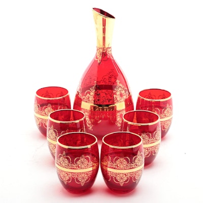 Venetian Gilt Accented Red Glass Decanter Set, 1985