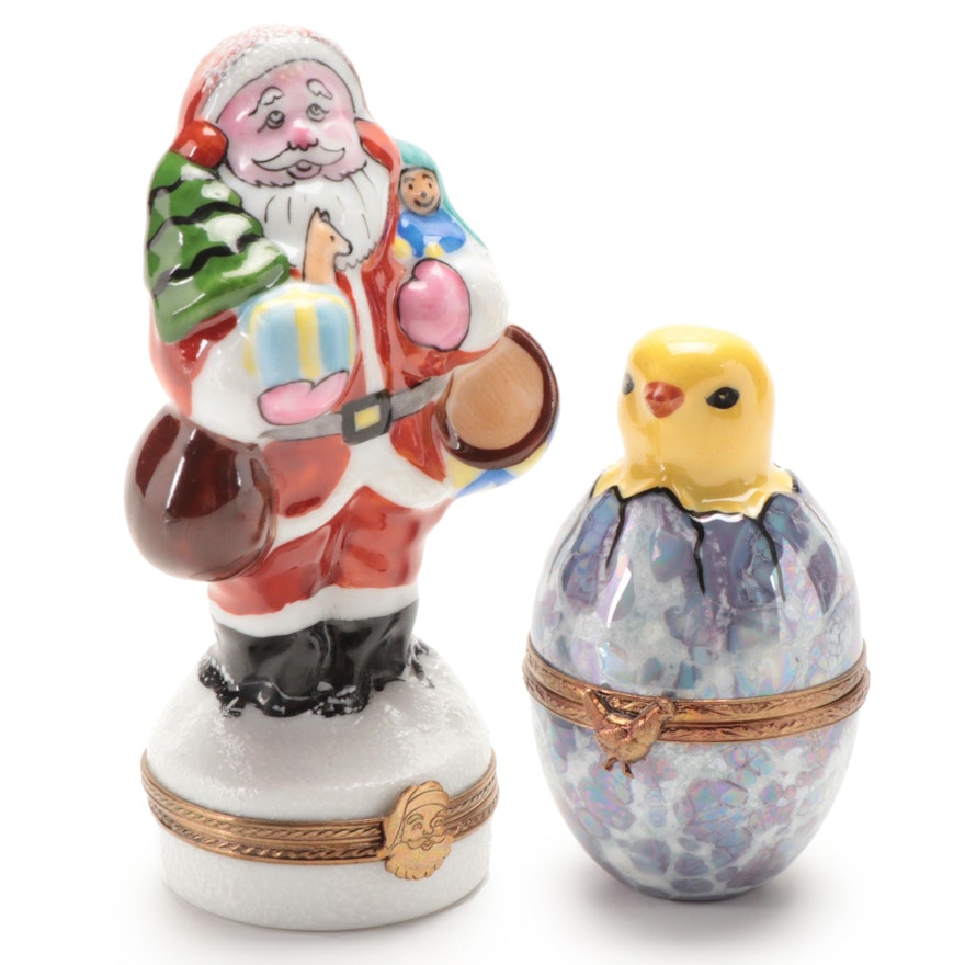 Hand-Painted Figural Santa Claus and Hatching Chick Limoges Porcelain Boxes