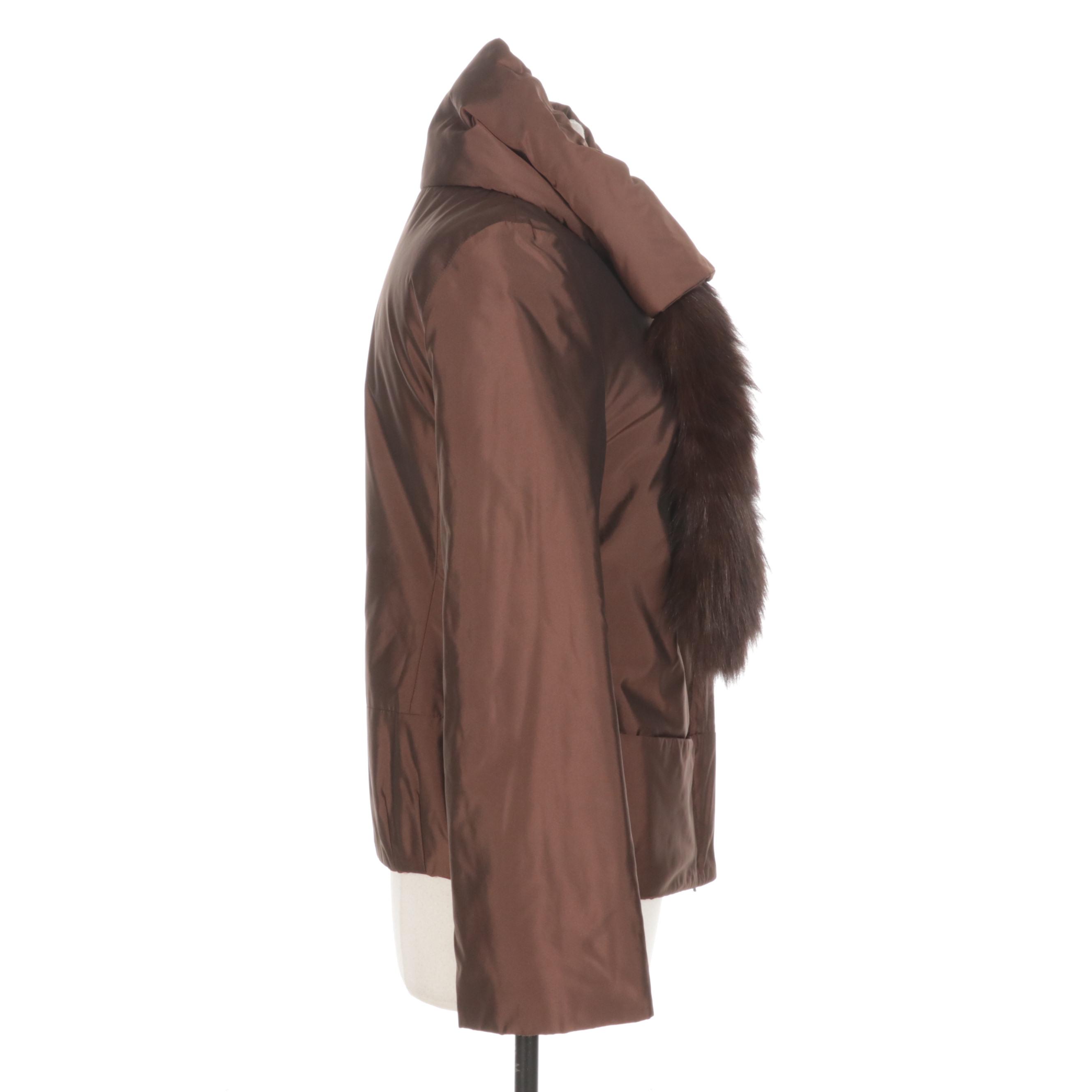 Rikei Brown Puffer Jacket with Fox Fur Tie | EBTH