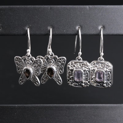 Sterling Silver Amethyst and Smoky Quartz Earring Duo