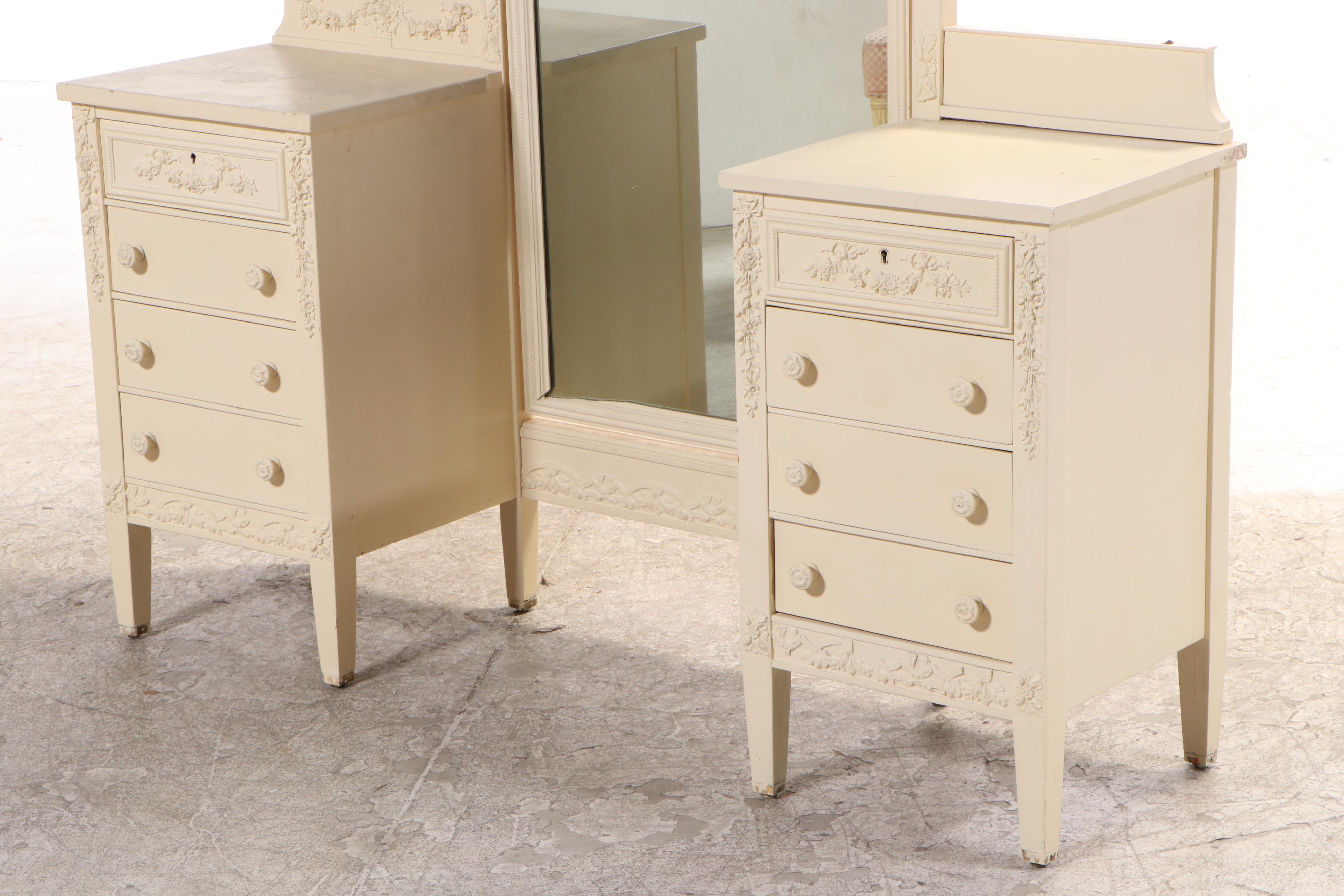 Edwardian Painted Vanity Desk with Mirror and Side Chair EBTH