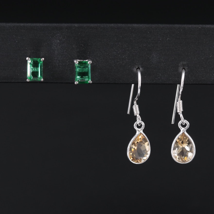 Sterling Silver Emerald and Citrine Stud Earrings