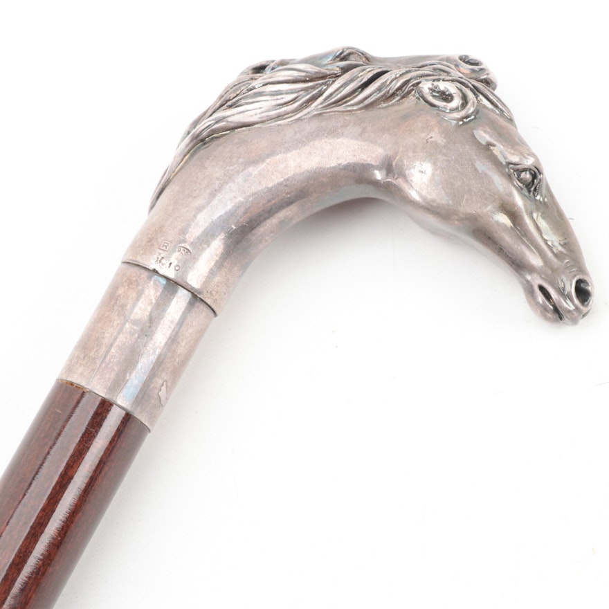 Sterling Silver Horse Head Handled Wooden Walking Stick, 20th Century
