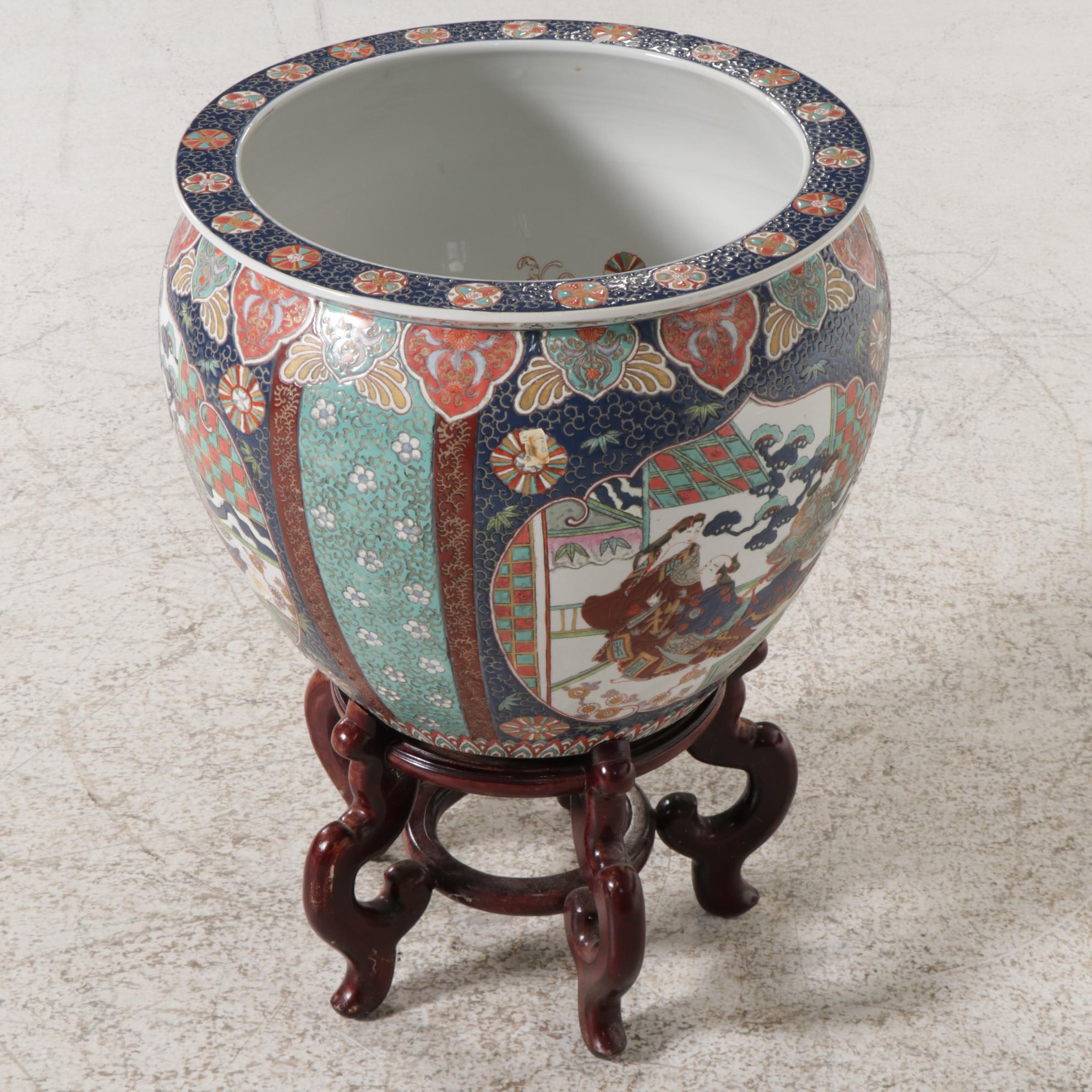 Chinese Ceramic Fish Bowl Planter with Stand EBTH