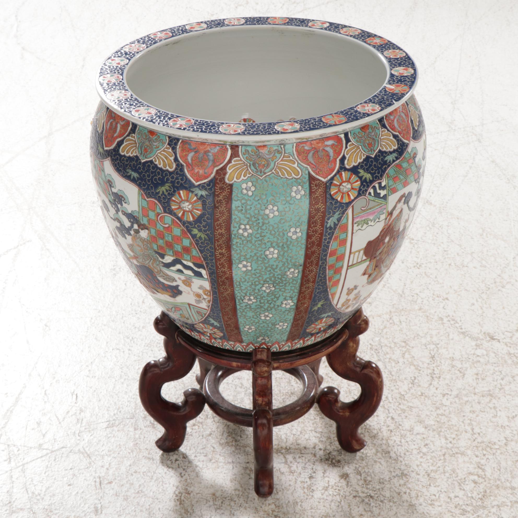 Chinese Ceramic Fish Bowl Planter with Stand EBTH