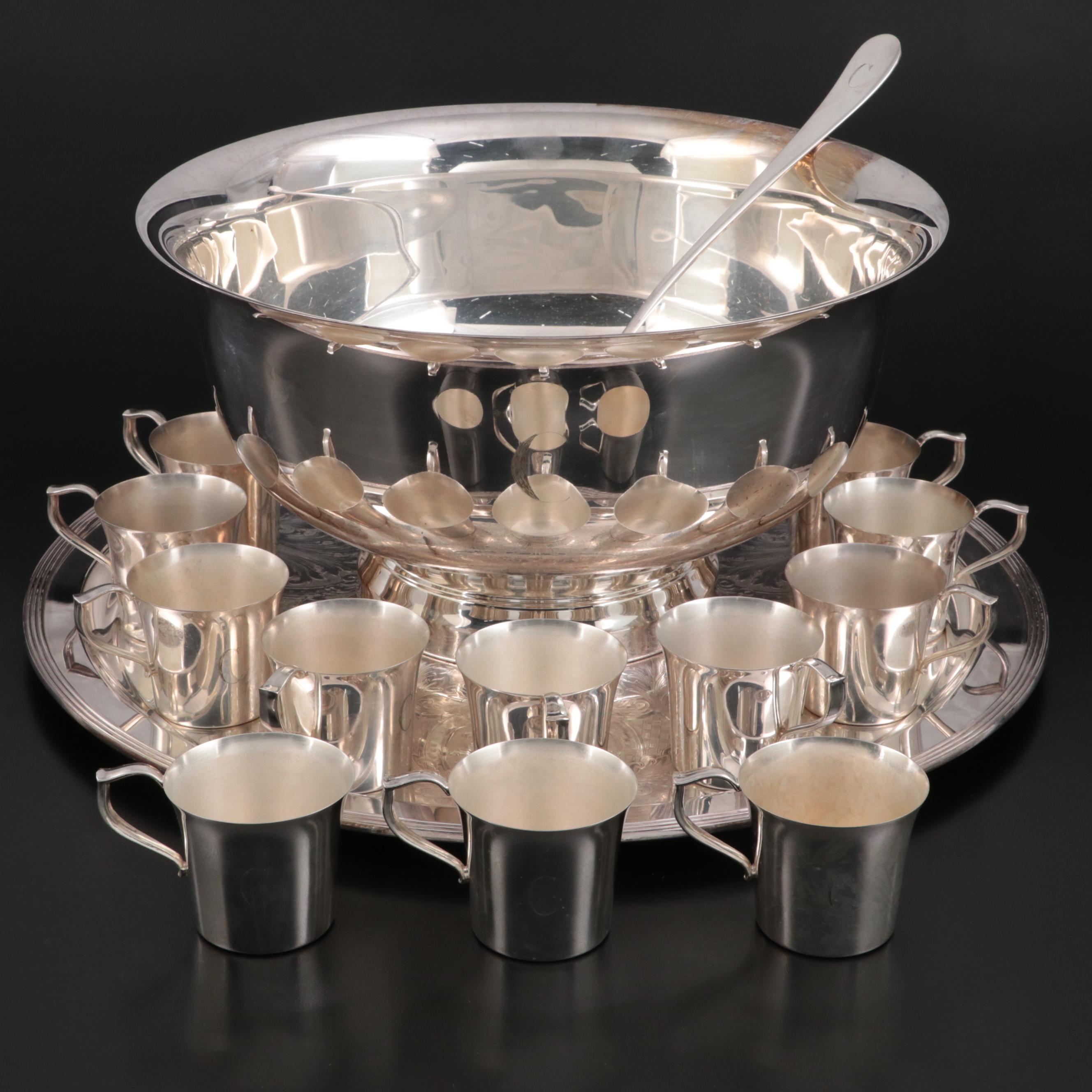 Wallace Silver Plate Punch Bowl With Under Plate, Cups and Ladle EBTH