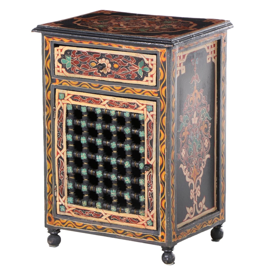 Asian Ebonized and Polychrome-Decorated Side Cabinet