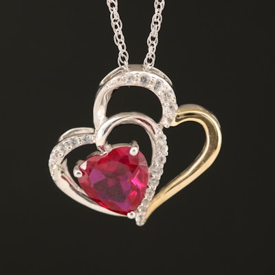 Sterling Ruby and Sapphire Heart Pendant Necklace with 10K Accents