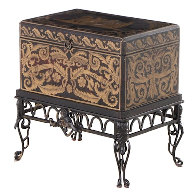 Small Neoclassical Style Ebonized and Gilt-Decorated Chest on Iron Stand