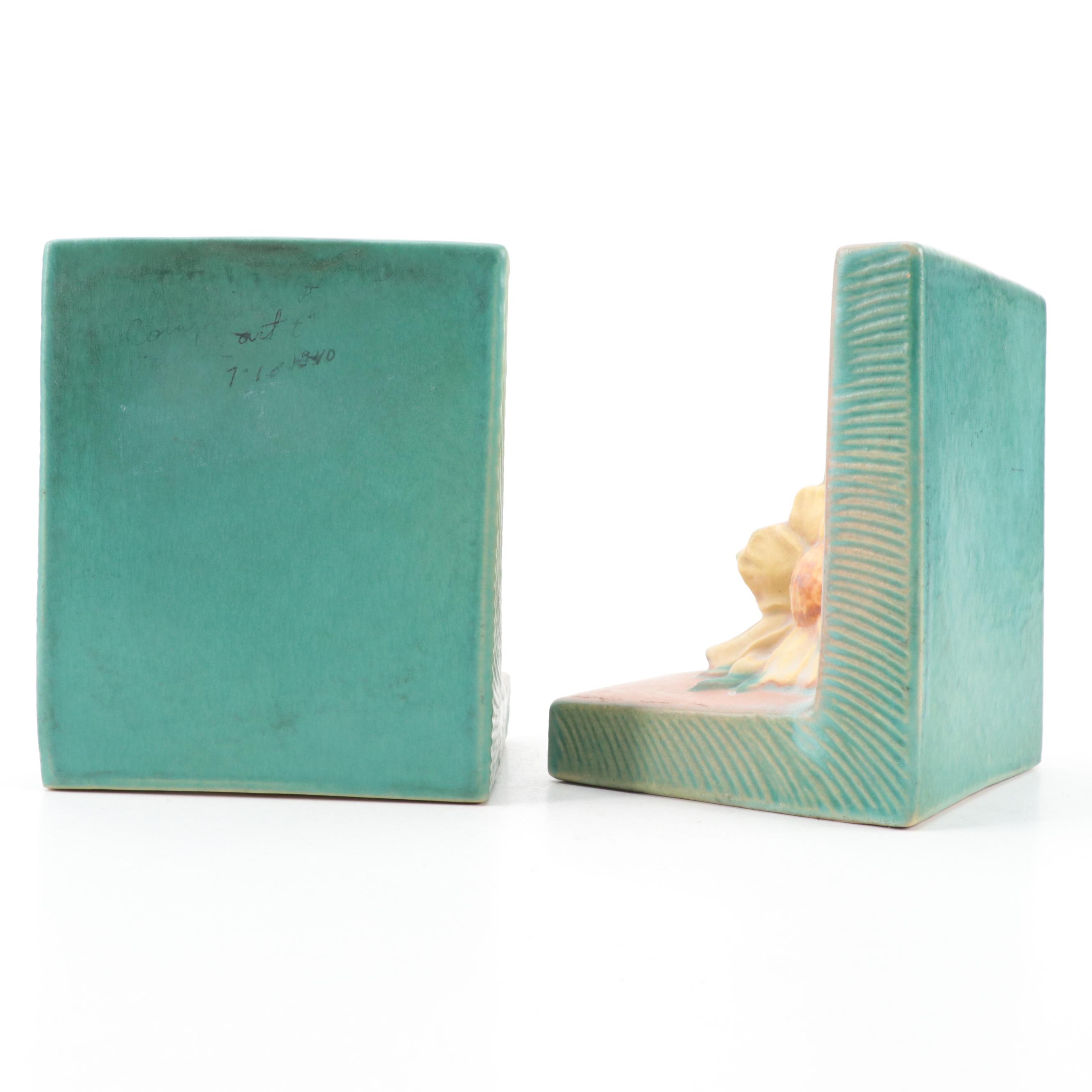 Roseville Pottery "Peony" Ceramic Bookends, Mid20th Century EBTH
